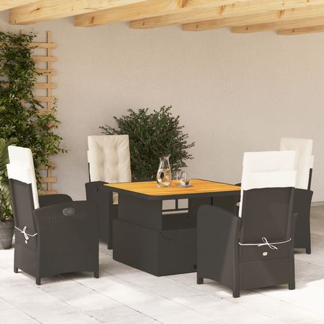 Ensemble de Jardin 5 Pièces Noir Résine Tressée, Table Relevable et Chaises Inclinables avec Coussins Crème, 110x110 cm (1/5)