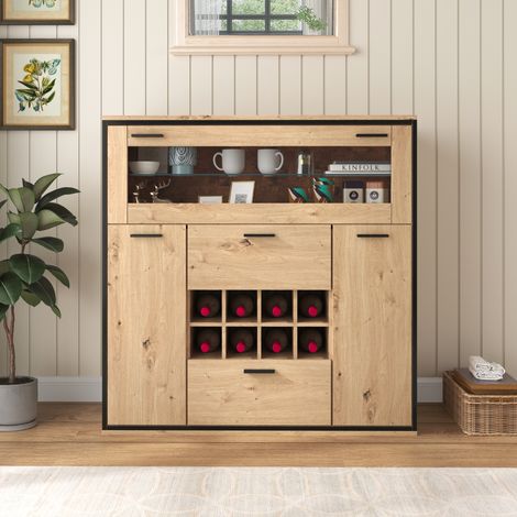 Credenza con 2 Ante, Portabottiglie e Divisorio in Vetro, LED 16 Colori, in Pannelli di Particelle, Naturale, 110×38×111 cm (1/5)