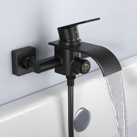 Robinet de baignoire, cascade, noir, mitigeur de baignoire, robinet de douche, pour montage mural, robinet en laiton avec bouton poussoir (1/5)
