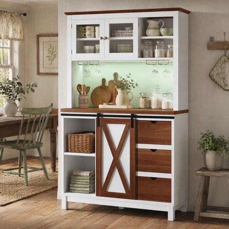 Credenza cucina con illuminazione LED, controllo app, porta scorrevole e 3 cassetti, bianco HAVRYA (1/5)