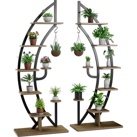 COSTWAY 6-stufiger Metall-Pflanzenständer in Halbmondform, mit 2 kleine Ablagen & oberem Haken, Pflanzenregal Kippschutz, 30x60x155 cm 2 Stück