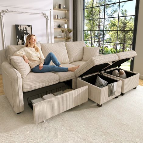 Multifunktionale Ecksofa U-Form-Dreisitzer Polster-Sofa mit Staufunktion – Inklusive Schubladen + Hocker mit Staufach, modular zerlegbares Sofa-Set mit Schlaffunktion,Cord-Stoff