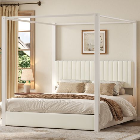 Lit Baldaquin Rembourré 180x200 cm avec Tête de Lit et Structure en Métal, Beige et Blanc (1/5)