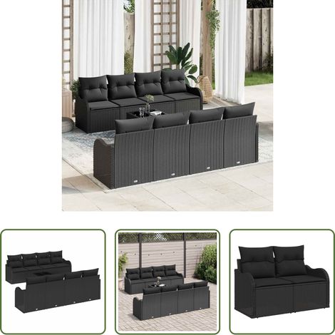 Terrassensofa - Gartensofa-set 9 pcs Schwarz Poly-Rattan und Stahl und Glas (1/5)