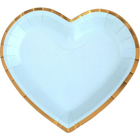 10 assiettes carton cœur, bord or, 22,5 x 20 cm, bleu, vaisselle jetable fête