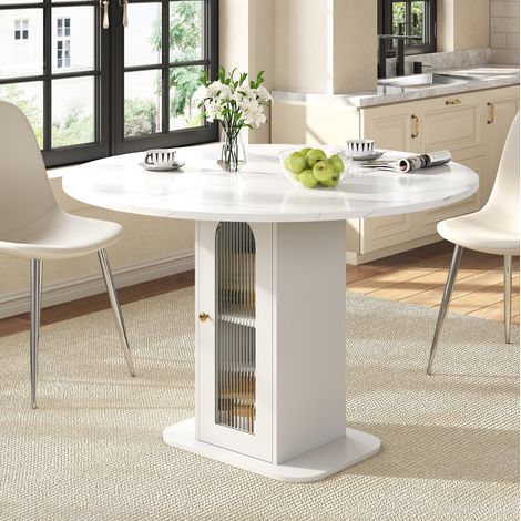 Tavolo da bar rotondo 80x80x75 cm per 2-4 persone, con vano contenitore e anta in vetro scanalato, in MDF effetto marmo bianco. (1/5)