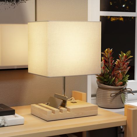 Lampe de chevet - blanc - tissu - bois - interrupteur bascule - ports USB - compartiments de rangement - Robuste