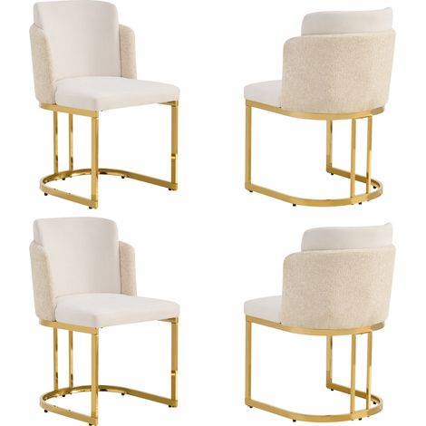 4 Chaises de salle à manger en chenille beige avec pieds métalliques galvanisés dorés (1/5)