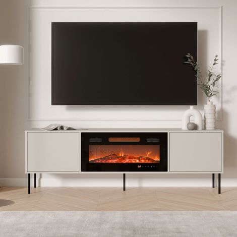 Mobile Porta tv Silvi, un Ripiano, 2 Ante, Caminetto Incluso, 180x40x60h cm Beige (1/5)