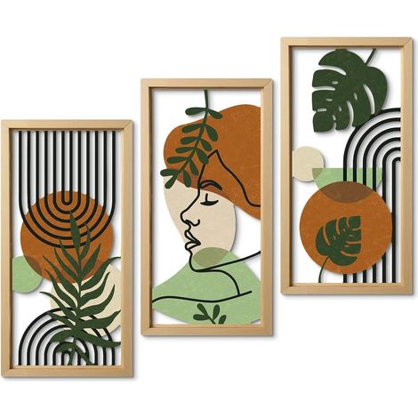 Lot de 3 décorations murales bohèmes avec visage de femme, art mural abstrait panneaux MDF découpés botaniques, esthétique mid-century modern pour chambre salon bureau (1/5)