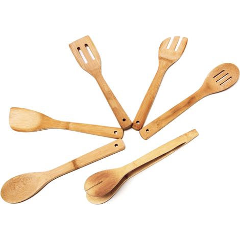 Juego de seis espátulas de bambú de mango largo - espátula de bambú antiadherente para sartenes - juego de espátula y pala de cocina (1/4)