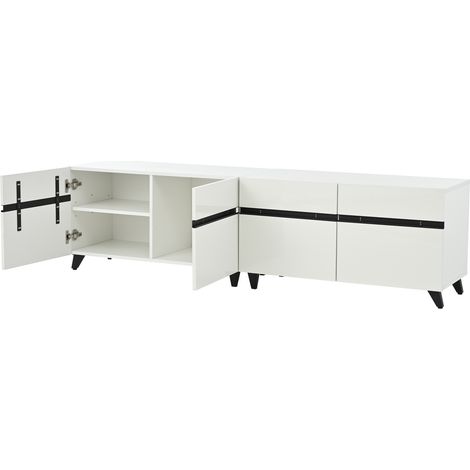 Mueble TV 180 x 40 x 49 cm blanco brillo de MDF, 4 compartimentos, 8 patas MODENUIT (1/5)