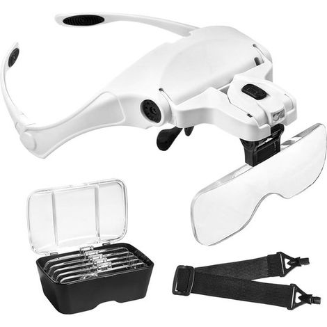 Loupe frontale avec éclairage LED - Loupe à 5 lentilles interchangeables (1-35X) pour porteurs de lunettes - Lecture, loisirs créatifs, bijouterie, couture et réparation. Loupe avec éclairage (1/5)