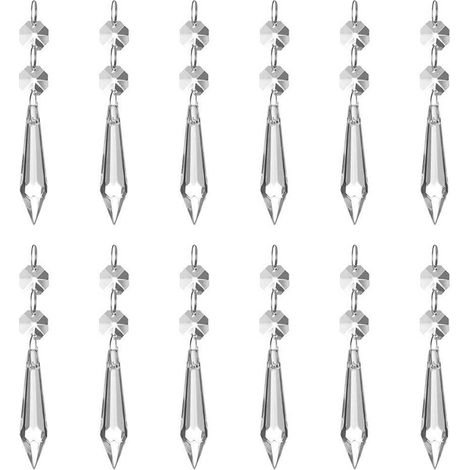 Set di 12 ciondoli in cristallo trasparente con effetto prisma di ghiaccio (62 mm), con 12 perline ottagonali e anelli, per lampade, giardino, feste, Natale, matrimoni.