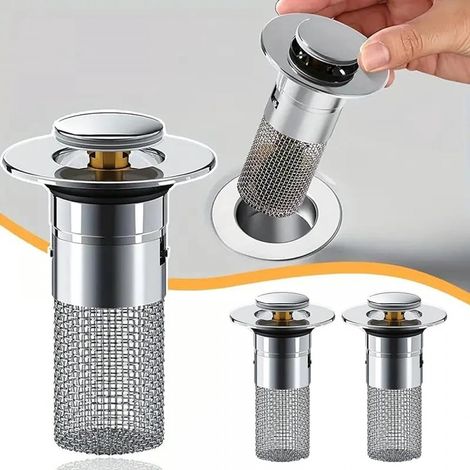 Filtre De Drain De Lavabo - Filtre Anti-Cheveux En Acier Inoxydable Avec Mécanisme À Levier - Compatible Drain 34 À 40 Mm - 2 Pièces (1/5)