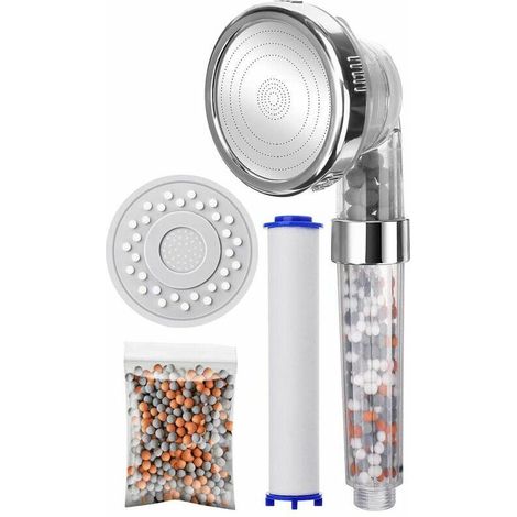 Pommeau de Douche Douchette Douche à Main 3 Voies avec Billes Minerales Douchette à Haute Pression,Equipé de Coton Filtre PP Supplémentaire et de Panneaux Remplaables