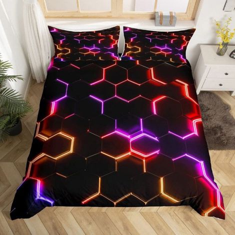 Housse De Couette - 200x200 cm - Imprimé Hexagonal Nid D Abeille - Rouge Violet Noir - Parure Lit Avec 2 Taies D Oreiller 65x65 cm (1/5)