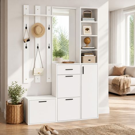 Mueble zapatero de entrada 120 x 30 x 178 cm con espejo, ganchos y almacenaje OKMYHOME (1/5)