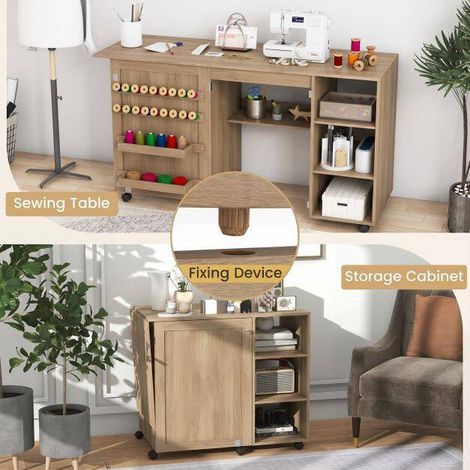 Folding Sewing Table with Storage Shelves, Brown MDF (1/5)