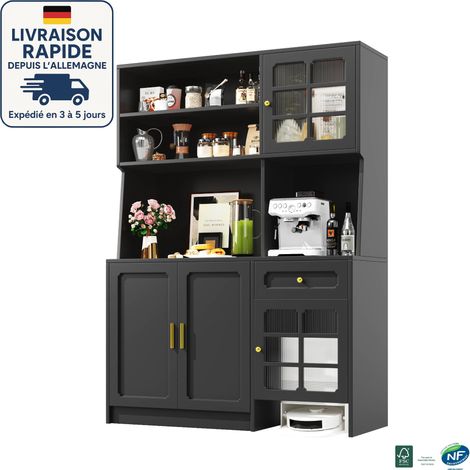 Aparador de 4 puertas y 1 cajón - 130 x 45 x 180 cm - Mueble de cocina con puertas de cristal e iluminación LED - Negro (1/5)