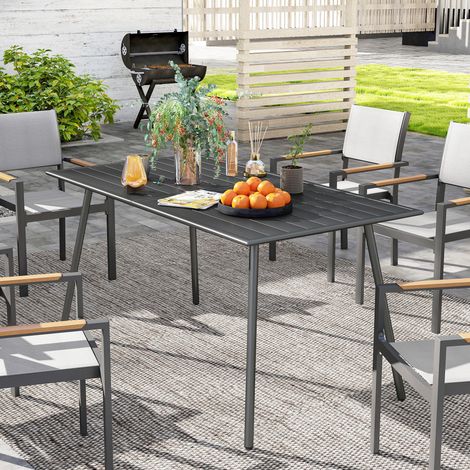 Table à manger de jardin pour 6 personnes avec plateau à lattes pour jardin. patio. terrasse. 150 x 80 x 74 cm. gris