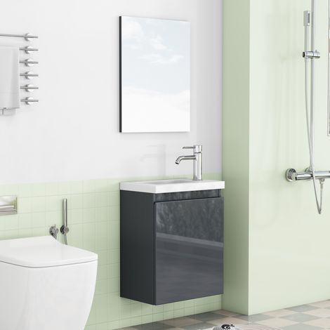 Mobile bagno sospeso con lavabo in ceramica e specchio, senza maniglie, chiusura ammortizzata, MDF grigio (1/5)