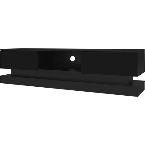 Mueble TV negro brillante con LED, 160 x 35 x 40,5 cm, 2 cajones, hasta 60" (1/5)