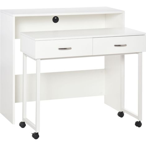Bureau gain de place pour chambre et bureau, avec tiroirs et roulettes, poste de travail simple ou double, 100 x 36 x 88 cm, blanc