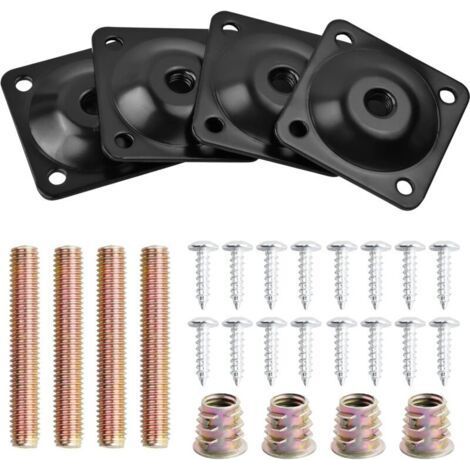 Lot de 4 Metal Plaques de Montage de Pied avec Boulons et Vis, M8 Plaques de Fixation pour Pieds de Meubles, Supports de Montage pour Jambes de Canapé Pieds de Table Fauteuil Chaise Meuble,(Noir) (1/5)