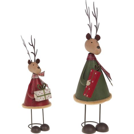 Amadeus - Set de 2 rennes de Noël à poser 22 cm en métal vert et rouge (1/3)