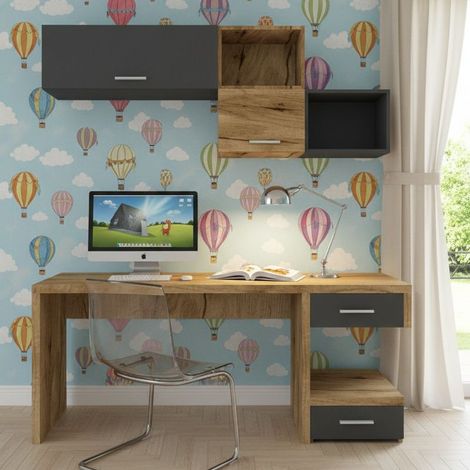 Angolo studio moderno con cassettiera sfalsata per cameretta - Quercia e basalto