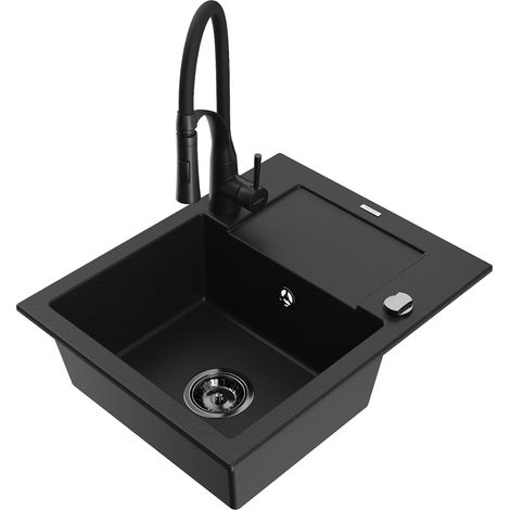 Mexen Enzo 1 Becken-Granitspüle mit Abtropffläche und Mischbatterie Aster, Schwarz - 6506-77-73450-70-B