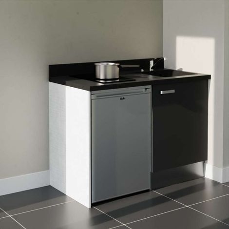 Kitchenette K08L - 120 cm avec plan monobloc et emplacement frigo top-Noir-Nero-évier à droite
