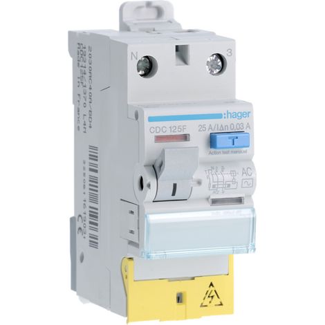 Interrupteur différentiel 1P+N 25A 30mA type AC à bornes décalées HAGER CDC125F (1/4)