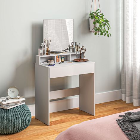 Tavolo da trucco con specchio, 2 cassetti, 3 scomparti, tavolo da toeletta per camera da letto, 75x38x135 cm, bianco