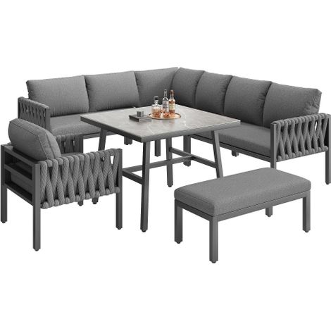 Gartenmöbel Set Grau mit Ecksofa, Tisch aus Gehärtetem Glas, Seil-Gartenmöbel, Verstellbare Beine, Kissen, Gartenlounge Set