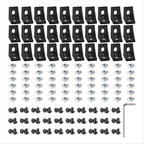 Set mit 30 schwarzen rechtwinkligen Eckverbindern für 2028 Aluminiumprofile mit T-Nut, inklusive Muttern und Schrauben. (1/5)