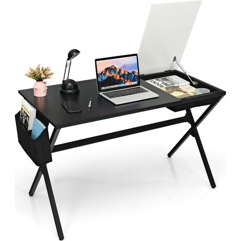 COSTWAY Schreibtisch mit Klappbarer Tischplatte, Computertisch mit Seitentasche & Metallrahmen, Arbeitstisch PC-Tisch modern aus Holz für Arbeitszimmer, Schlafzimmer, 120 x 60 x 73,5cm (1/5)
