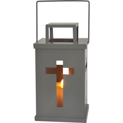 TrendLine LED-Grablaterne mit Kreuzsymbol & Timer 25 x 14 cm warmweiß silber