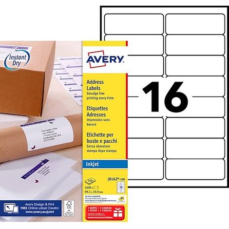 Etiquettes adresses jet d'encre 99,1 x 33,9 mm Avery J8162-100 - Boîte de 1600 (1/4)
