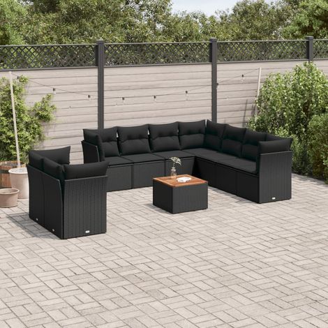 Ensemble jardin 10 places résine tressée noir avec coussins - 5 canapés d'angle + 4 centraux + table acacia - Meuble extérieur modulaire (1/3)