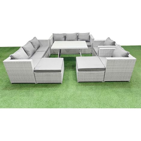 Fimous 10 Seater Garden Furniture Set PE Ratten Garden Sofa Set with Rectangular Dining Table 2 Big Stool Light Grey (1/4)
