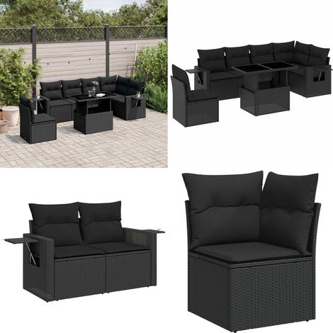 7-tlg. Garten-Sofagarnitur mit Kissen Schwarz Poly Rattan - Gartenmöbel Set - Esszimmergarnitur - Outdoor Möbel - Lounge Garnitur - Rattan Gartenmöbel - Home & Living (1/5)