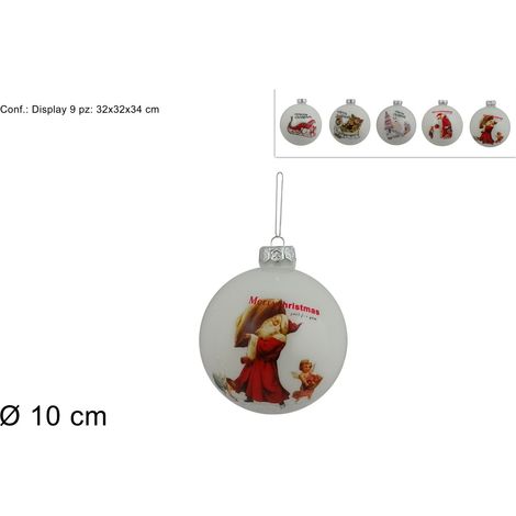 PALLA VETRO DIAMETRO 10 CM BIANCA MERRY CHRISTMAS CON DECORO ASSORTITI (1 PEZZO, INVIO CASUALE)