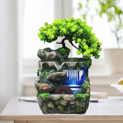 Fontaine d'intérieur Verte - Fontaine de Table Cascade avec Éclairage LED et Roue Feng Shui - Petite Fontaine D'intérieur pour Salon et Bureau - Purifie l'air (15 x 18 x 30 cm) (1/5)