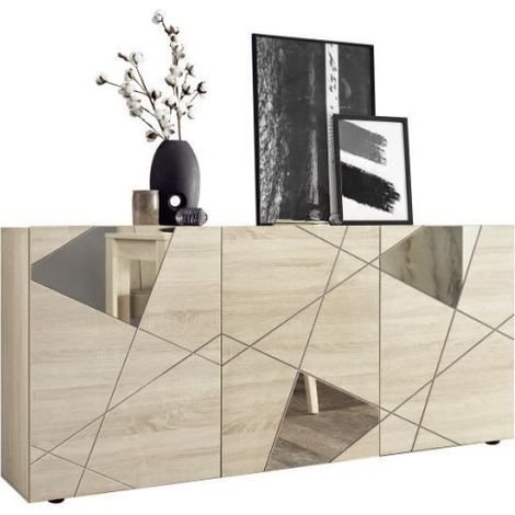 Buffet VICTORY - Décor Chene Sonoma - 3 Portes - Miroir - L 181 x P 42 x H 84 cm (1/5)