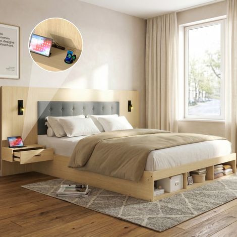 Letto contenitore moderno in MDF rovere chiaro 160x200 cm con testiera, USB/Type-C, luci orientabili e 2 comodini