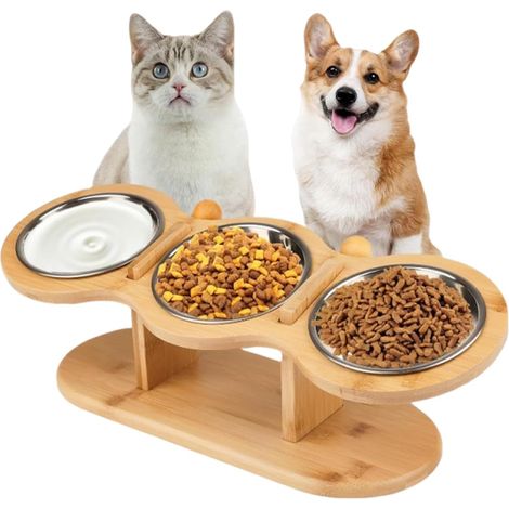 Gamelle Chat Surélevée Bol avec 3 Bols en Acier Inoxydable Hauteur Réglable Support Gamelle Chat pour Eau et Nourriture, Petits Chiens