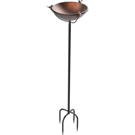 Freistehendes Vogelbad aus Metall (Ø 26 × 109 cm) mit 3 Vogelfiguren und höhenverstellbarem Futternapf für Garten oder Balkon, bronzefarben