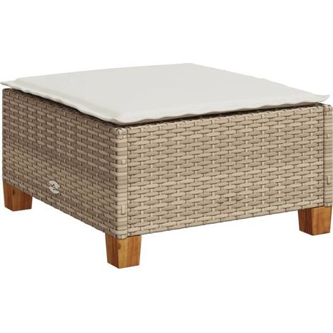 Banc de jardin et coussin beige, dimensions : 63,5 x 56 x 32 cm, résine tissée. (1/5)